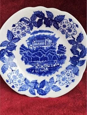 Vintage Japanese Blue & White Transferware Plate - Castle & Boat Scene